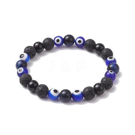 8mm Round Natural Black Onyx(Dyed & Heated) & Lava Rock & Evil Eye Handmade Lampwork Beaded Stretch Bracelets for Women Men BJEW-TA00518-1