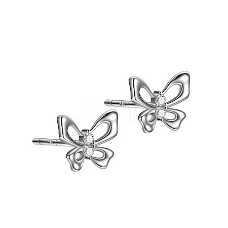 Anti-Tarnish Rhodium Plated Hollow Butterfly 999 Sterling Silver Stud Earrings for Women EJEW-S215-24P-1