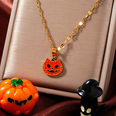 Stainless Steel Enamel Halloween Cat Pumpkin Pendant Dapped Chain Necklaces TA2599-1