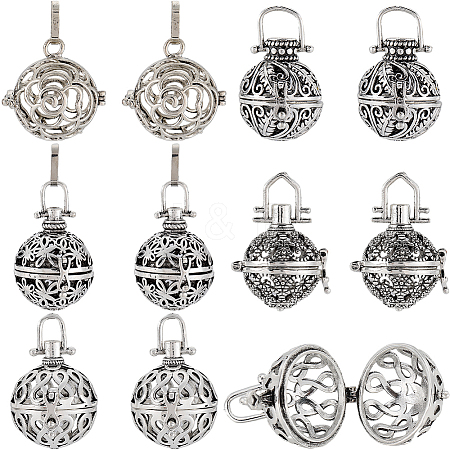 SUNNYCLUE 10Pcs 5 Styles Tibetan Style Brass Cage Pendants KK-SC0004-31-1