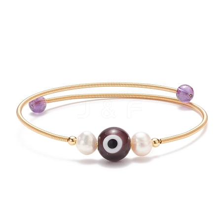 Natural Amethyst & Evil Eye Lampwork & Natural Pearl Beaded Bangle BJEW-JB08463-03-1