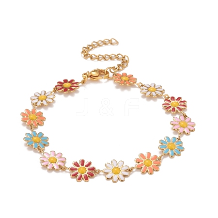 Enamel Daisy Link Chains Bracelet BJEW-P271-01G-06-1