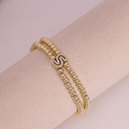 Brass Micro Pave Clear Cubic Zirconia Beads Double Strands Stretch Bracelets for Women FS-WGC7159-19-1