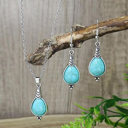 Synthetic Turquoise Pendant Necklaces & Dangle Earrings Sets WGE96E9-04-1