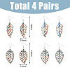 FIBLOOM 4 Pairs 4 Style Wood Hollow Leaf Dangle Earrings EJEW-FI0001-95-2