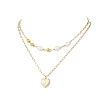 Natural Cultured Freshwater Pearl Rice Beads Brass Heart with Letter Pendant Paperclip Chain Double Layered Necklaces NJEW-JN05378-02-2