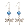 Round Natural Mashan Jade with Alloy Dragonfly Dangle Earrings EJEW-JE04855-04-1