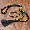 Glass & African Turquoise(Jasper) & Tiger Eye Round Rosaries Beaded Tassel Pendant Necklaces & Bracelets Sets FS-WGB975F-03-1