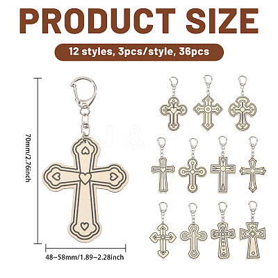 36Pcs 12 Styles Unfinished Wood Cross Keychain DIY-GL0006-34-1