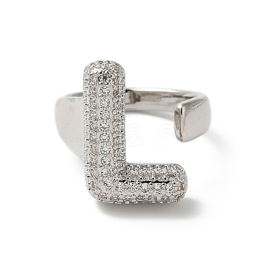 Letter Brass Micro Pave Clear Cubic Zirconia Open Cuff Ring for Women RJEW-N046-03L-P-1