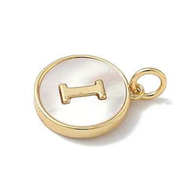 Brass Pave Natural Shell Flat Round with Letter Charms KK-Z115-13G-I-1