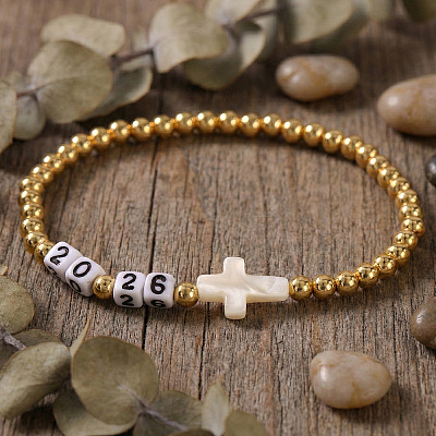Adjustable New Year 2026 Brass Round Beaded Stretch Bracelets with Natural White Shell Cross OF5922-1