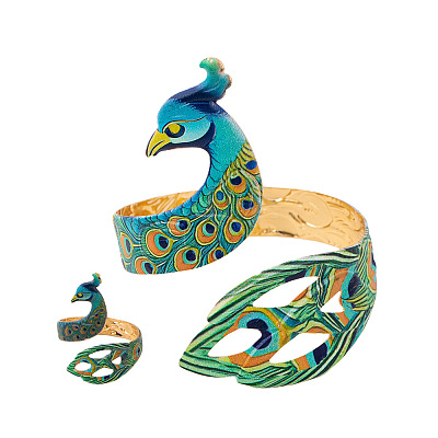 Iron Enamel Peacock Cuff Bangle & Ring Sets for Women WG60250-01-1