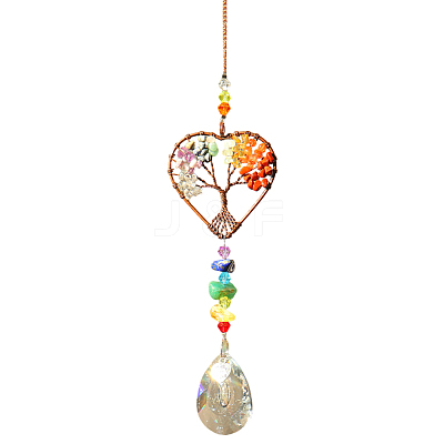 1Pc Natural Mixed Stone Chip Wrapped Heart with Tree of Life Hanging Ornaments HJEW-DJ0001-15A-1