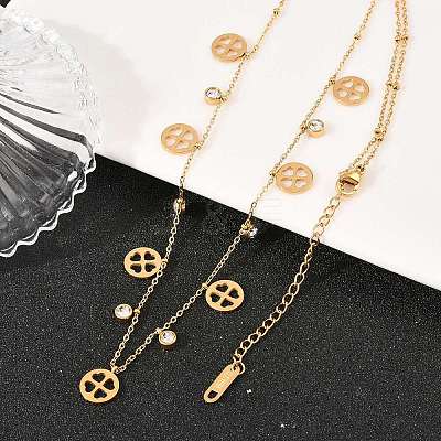 Saint Patrick's Day 304 Stainless Steel Crystal Rhinestone Flat Round and Clover Tassel Bib Necklaces for Women NJEW-A064-01G-1