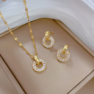 Brass Micro Pave Cubic Zirconia Pendant Necklace & Stud Earrings WG7AC39-45-1