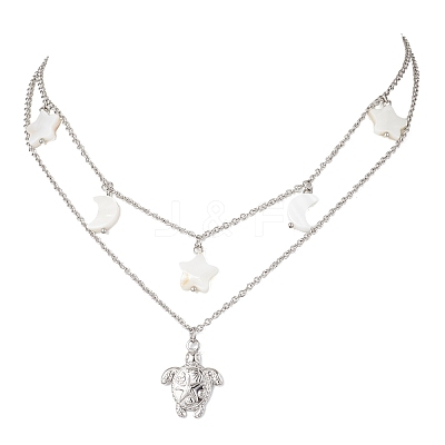 304 Stainless Steel Sea Turtle & Natural Freshwater Shell Star Pendant Double Layer Necklaces for Women NJEW-JN05403-1