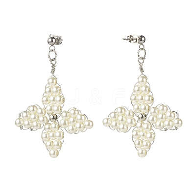 Glass Pearl Braided Star Stud Earrings EJEW-JE04982-01-1