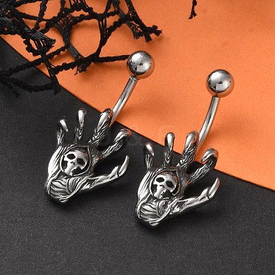 Skull Devil Hand 316 Surgical Stainless Steel Belly Button Rings EJEW-G416-12AS-1