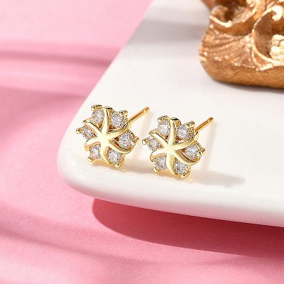 Flower Brass Micro Pave Clear Cubic Zirconin Stud Earrings EJEW-D318-10G-1