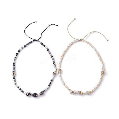 Glass with Natural Sea Shell Beads Braided Necklaces NJEW-JN04837-1
