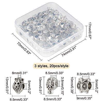 60Pcs 3 Style Alloy European Beads MPDL-CA0001-02-1