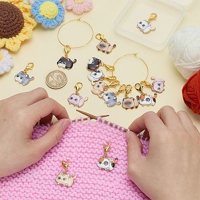 14Pcs 7 Styles Cat Alloy Enamel Pendant Locking Stitch Markers HJEW-HY00107-1