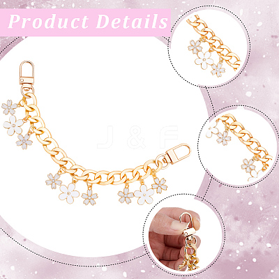 2Pcs Alloy Enamel White Flower Pendant Aluminum Curb Chain Bag Decorative Chains HJEW-BBC0001-36-1