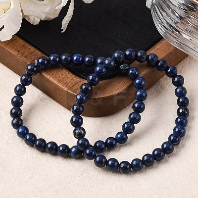 Natural Lapis Lazuli Round Beaded Stretch Bracelets BJEW-F202-04-1