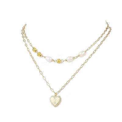 Natural Cultured Freshwater Pearl Rice Beads Brass Heart with Letter Pendant Paperclip Chain Double Layered Necklaces NJEW-JN05378-02-1