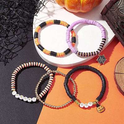 5Pcs Halloween Handmade Polymer Clay & Acrylic Beaded Stretch Bracelets Kit BJEW-TA00480-1