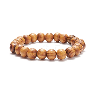 Natural Wood Round Beaded Stretch Bracelet BJEW-JB08214-1