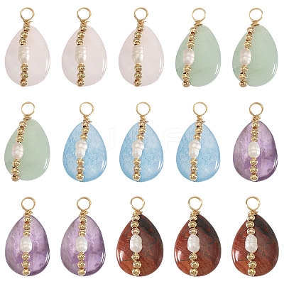 15Pcs 5 Colors Copper Wire Wrapped Natural Amethyst & Brecciated Jasper & Green Aventurine & Rose Quartz & Aquamarine Teardrop Pendants PALLOY-FH00152-1