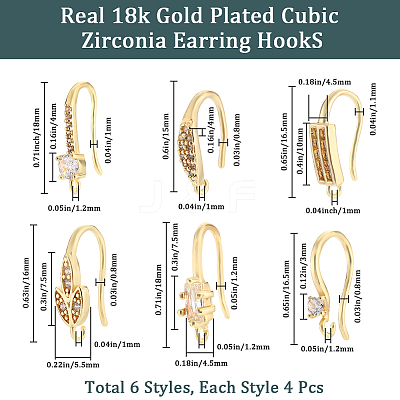 12 Pairs 6 Style Brass Micro Pave Clear Cubic Zirconia Earring Hooks ZIRC-BBC0002-23-1