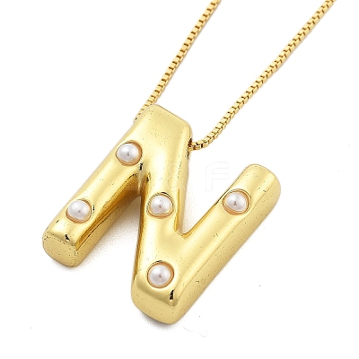 Brass & Plastic Pearl Letter Pendant Box Chain Necklaces for Women NJEW-U017-01G-14-1