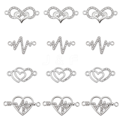 40Pcs 4 Styles Heart Theme Alloy Rhinestone & Cubic Zirconia Connector Charms RB-SC0001-11-1