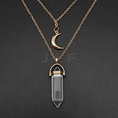 Natural Quartz Crystal Cone Pendant Double Layer Necklace UX9990-26-1
