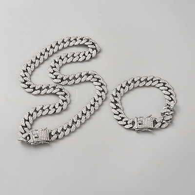 Alloy Rhinestone Cuban Curb Chain Necklaces & Bracelets Sets SJEW-WH0007-08-1