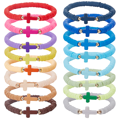 16Pcs 16 Style Polymer Clay Heishi Surfer Stretch Bracelets Set BJEW-AN0001-65-1
