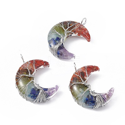 7 Chakra Natural Mixed Stone Chip Copper Wire Wrapped Big Pendants G-F733-03A-1