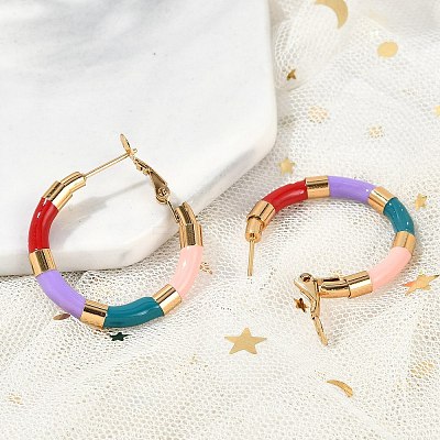 PVD Vacuum Plating 201 Stainless Steel Enamel Hoop Earrings for Women EJEW-B016-33E-1