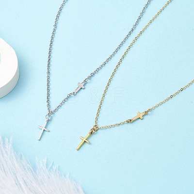 2Pcs 2 Colors Cross 304 Stainless Steel Pendant Necklaces for Women NJEW-JN05200-1