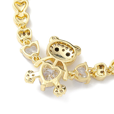 Cubic Zirconia Bear Link Bracelet with Heart Link Chains BJEW-H586-01G-1