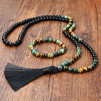 Glass & African Turquoise(Jasper) & Tiger Eye Round Rosaries Beaded Tassel Pendant Necklaces & Bracelets Sets FS-WGB975F-03-1
