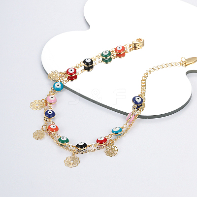 Bohemian Dyed Synthetic Turquoise Colorful Evil Eye Link Chain Brass Flower Tassel Double Layer Beach Anklets for Women CE2837-1