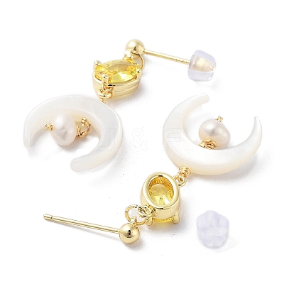 Natural Pearl & Shell Dangle Stud Earrings EJEW-P256-45G-1