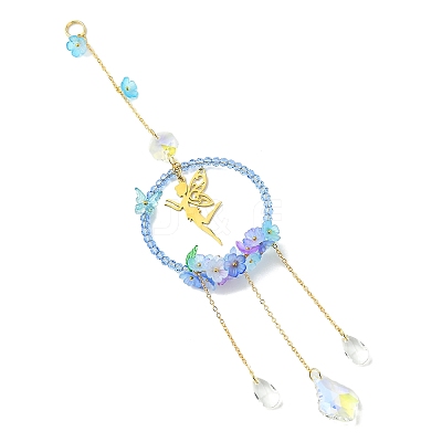 Teardrop Flower Glass & Acrylic Beads Suncatcher with 201 Stainless Steel Fairy Pendants HJEW-JM04988-02-1