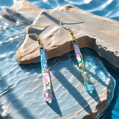 Acrylic Imitation Abalone Shell Long Bar with Alloy Hook Dangle Earrings WG65F43-01-1