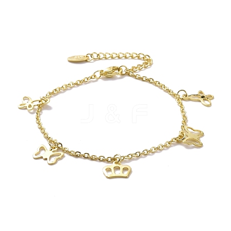 201 Stainless Steel Butterfly & Crown Charms Bracelet with 304 Stainless Steel Chains for Women BJEW-C019-31G-1