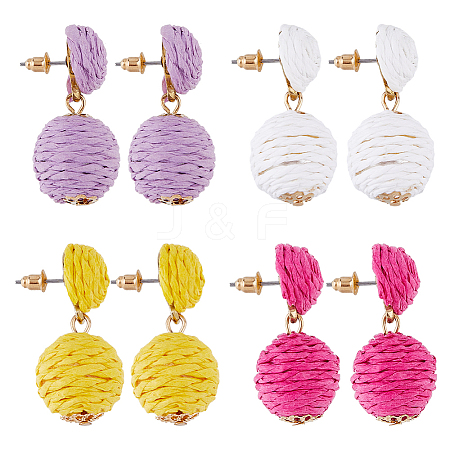 FIBLOOM 4 Pairs 4 Colors Raffia Grass Braided Round Dangle Stud Earrings with Iron Pins for Women EJEW-FI0002-27-1